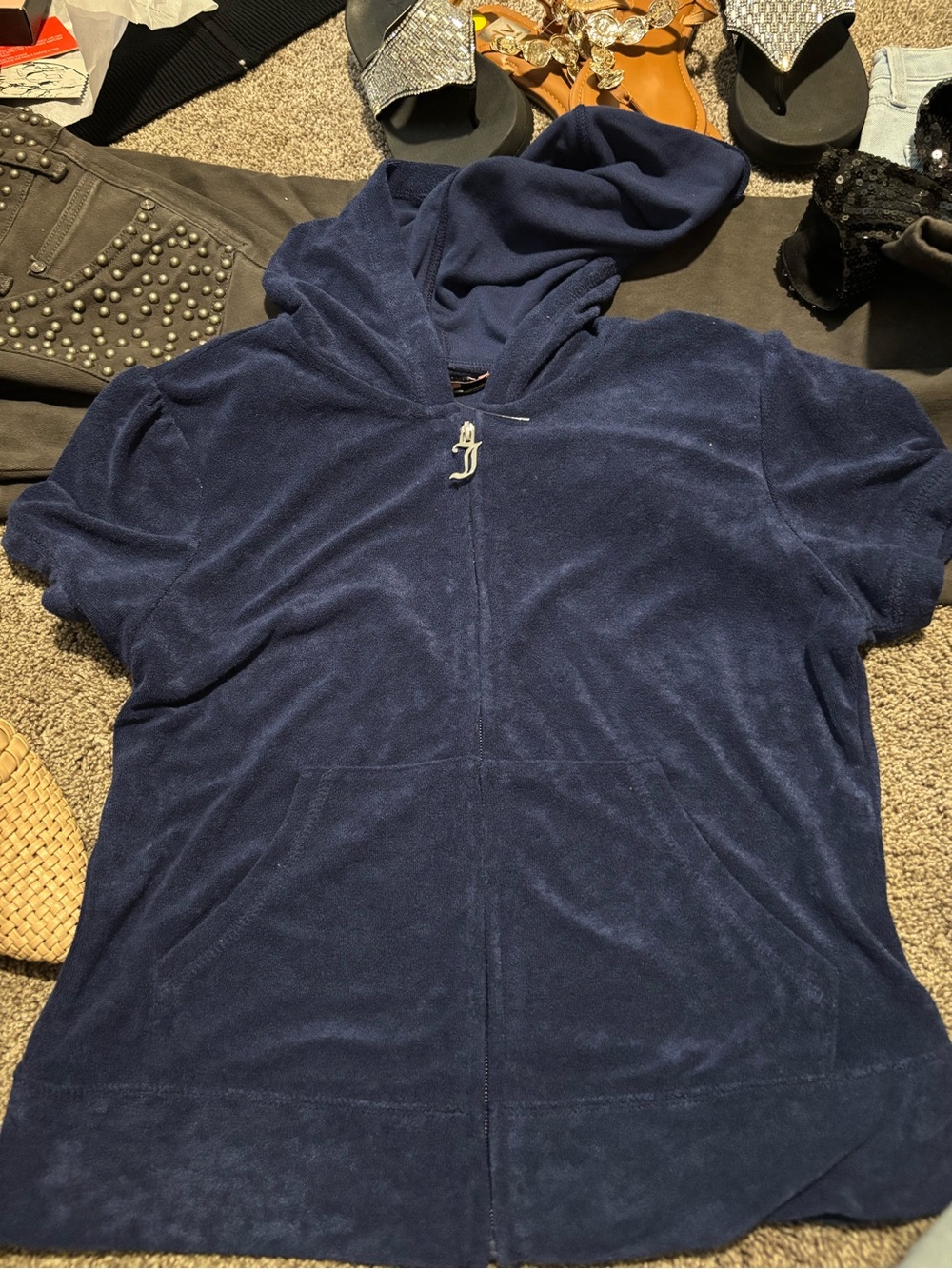 Juicy Couture Navy Plush Short-Sleeve Zip Hoodie